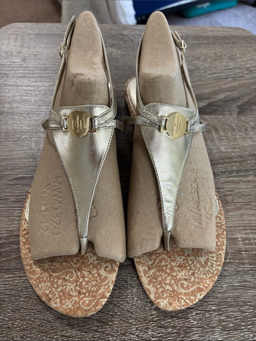 Ralph Lauren Metallic Gold Leather Slingback Thong Sandals size 10